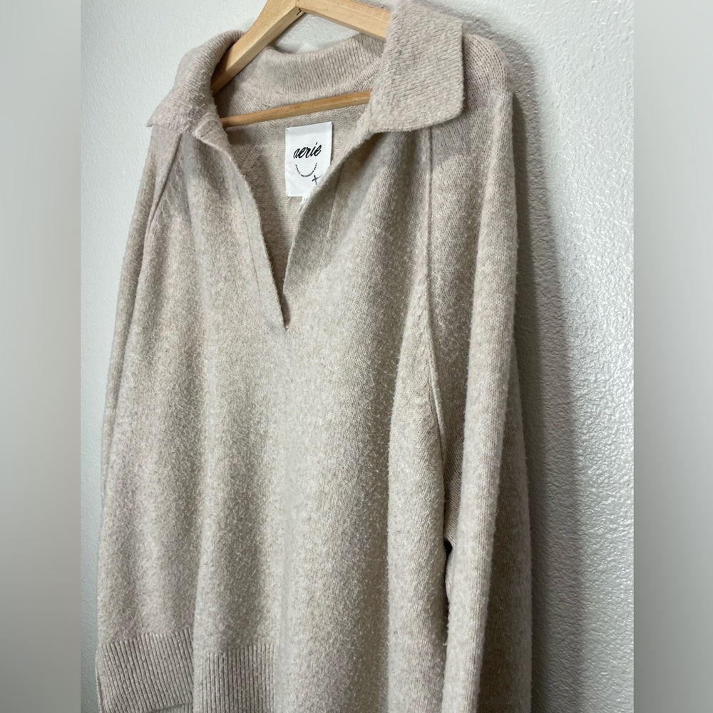 aerie Cream Collared V-Neck Pullover Oversized Sweater Size Large - Picture 3 of 4